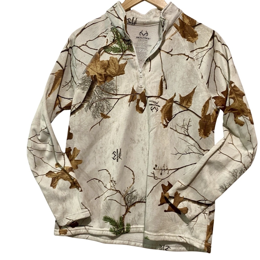 RealTree Women's Collared Sweatshirt L 12/14 White Outdoors Hunting 1/4 Zip Logo